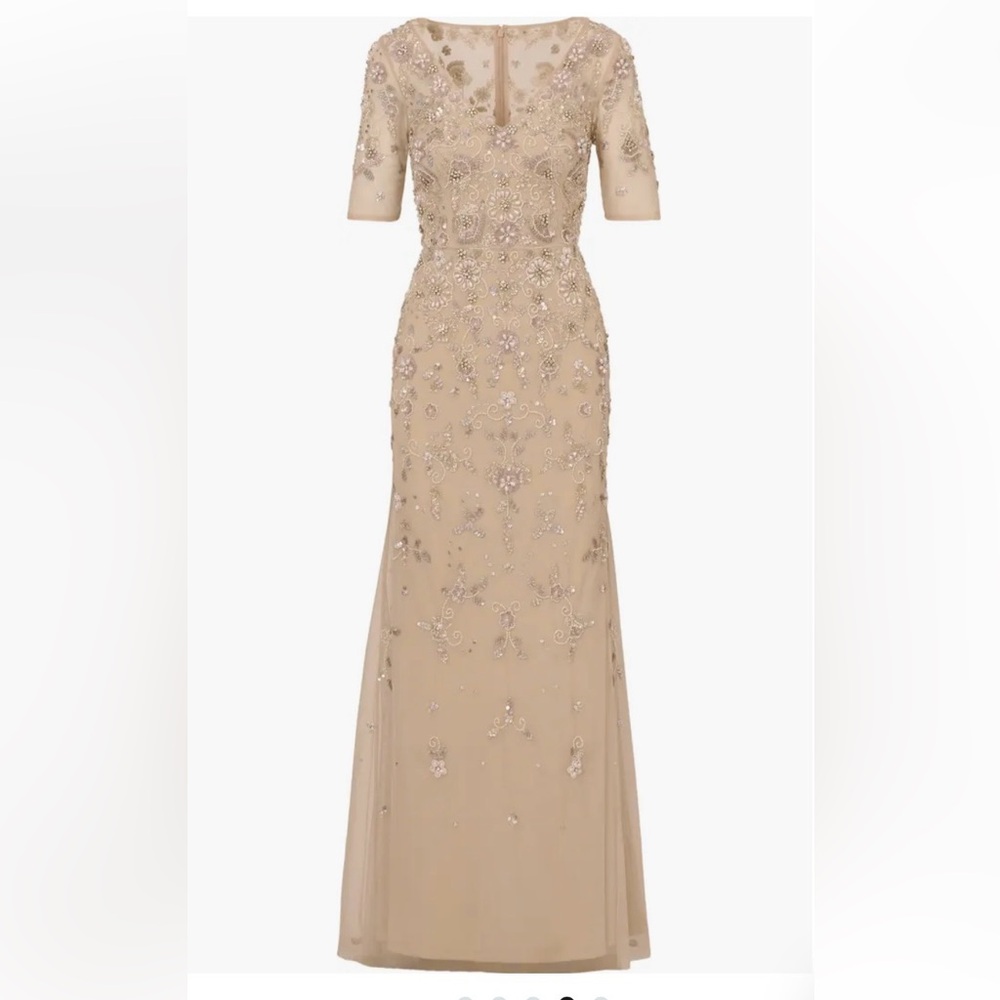 Adrianna Papell NWT Beaded Mesh Long Maxi Dress 6 Beige Biscotti